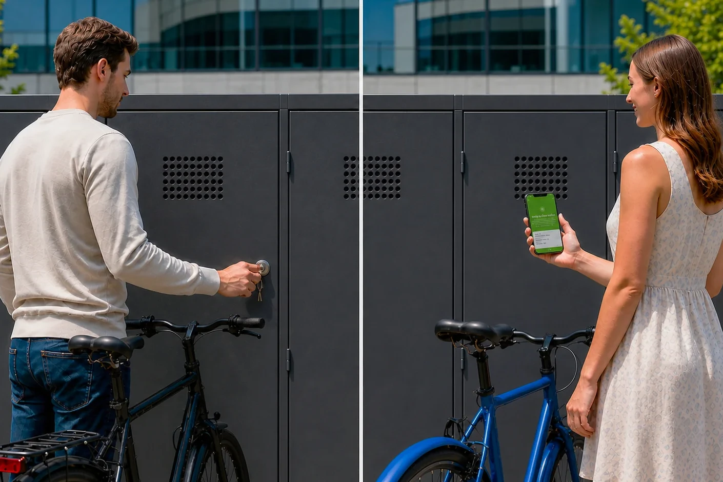 Cyclists unlocking a bike locker with the ParkMyBike app Cyclists unlocking a bike locker with the ParkMyBike app