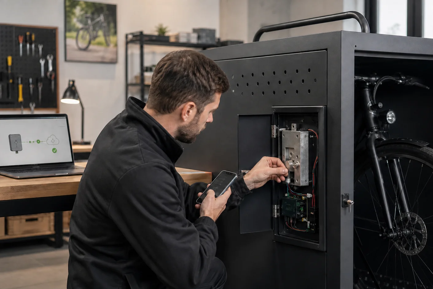 A product developer fitting an electronic lock and controller into a bike locker