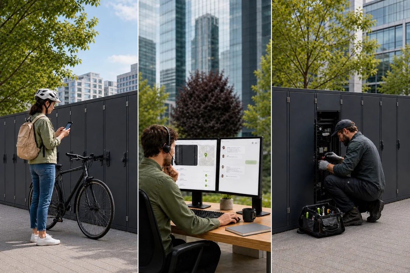 A cyclist at a bike locker, a support agent at the dashboard and a technician on site