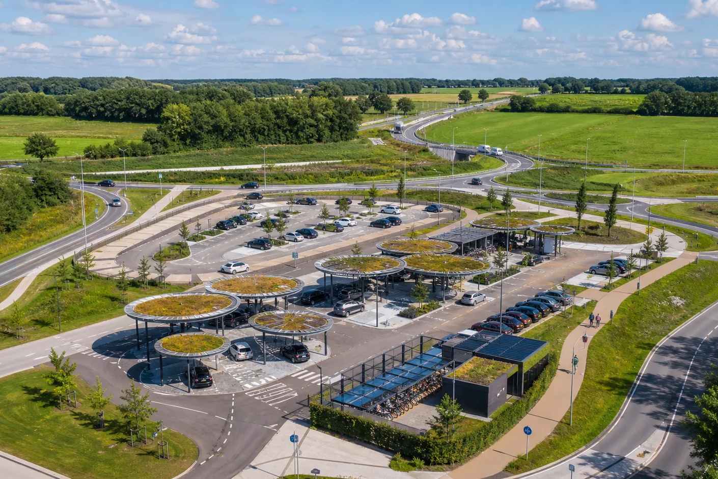 Aerial view of a mobility hub with covered bike shelters and parking spaces